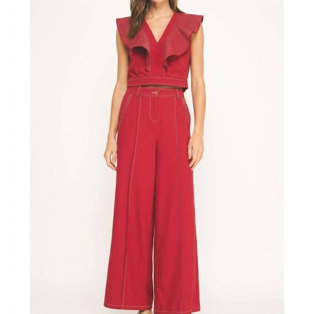 NEW STRUT & BOLT two piece flutter sleeve top and wide leg trouser set in cheer